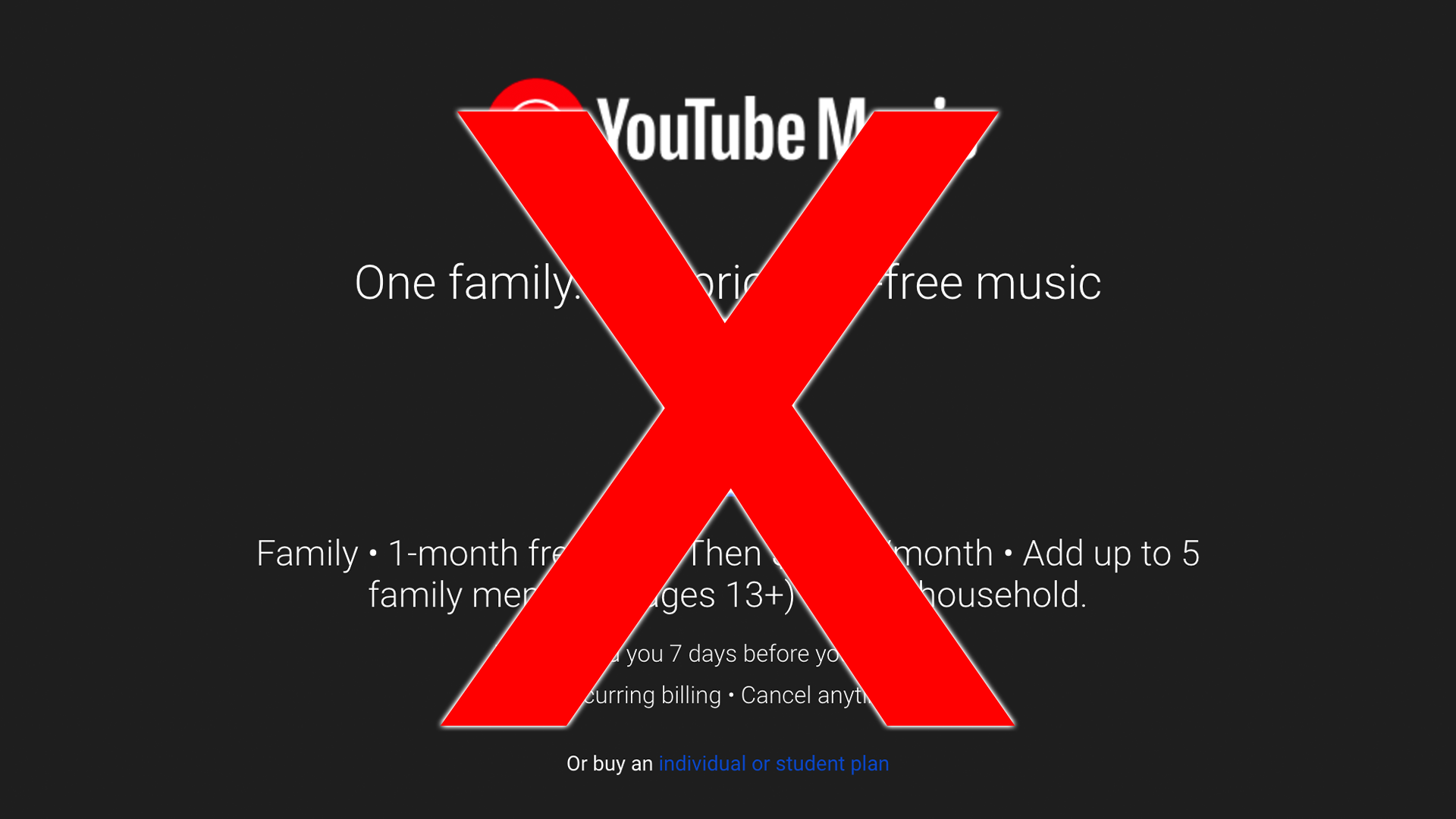 Itu YouTube Halaman keluarga Music Premium dengan X besar di atasnya.