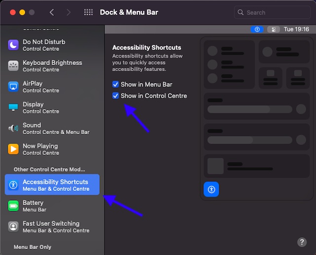 Hiển thị các phím tắt trợ năng trong Trung tâm điều khiển và Thanh menu trên máy Mac