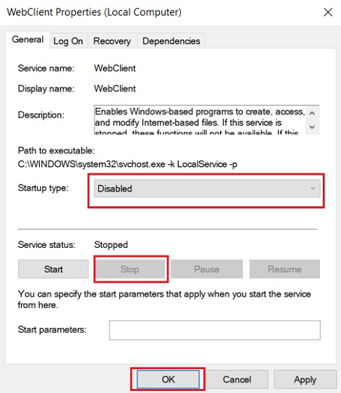 Nonaktifkan layanan WebClient di keduanya Windows 10 dan 7