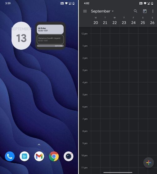 mengetuk widget kalender Android 12 membuka aplikasi Kalender