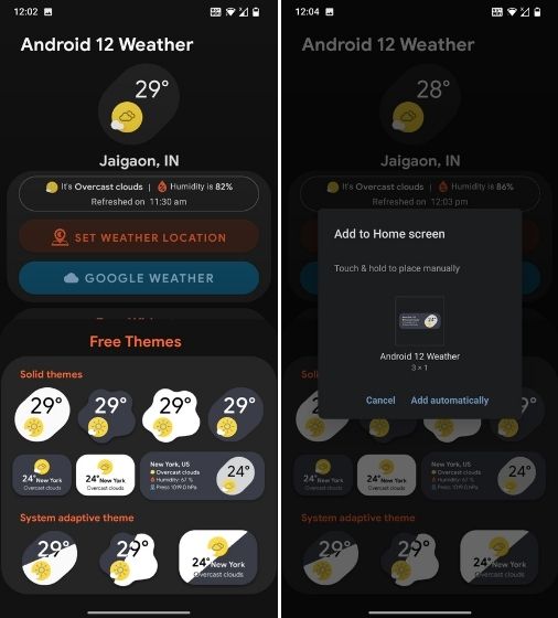 Ứng dụng Widget thời tiết trên Android 12