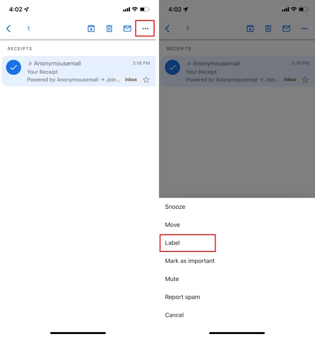 áp dụng nhãn cho email trong ứng dụng gmail iphone