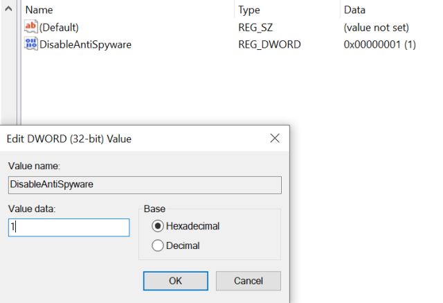 Ruang kosong Windows Antivirus Pembela aktif Windows 10 Menggunakan Registri