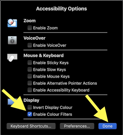 På: Inaktivera färgfilter på Mac med kortkommandon