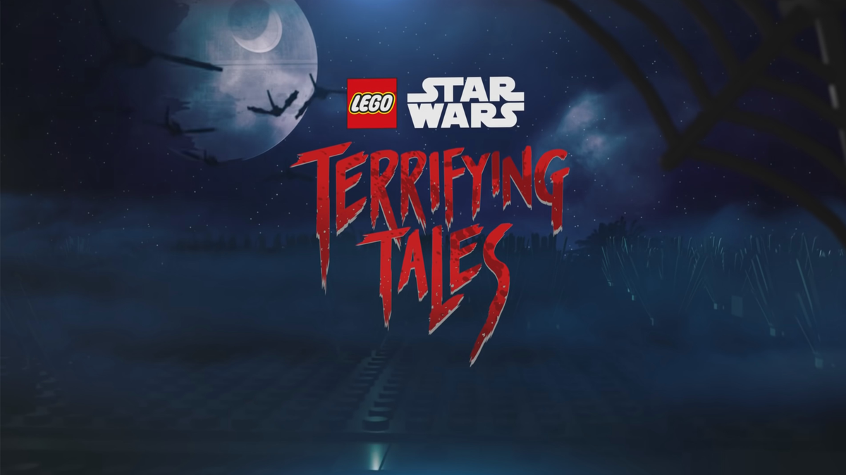 Biểu tượng LEGO Star Wars Terrifying Tales trên nền trời đêm ma quái.