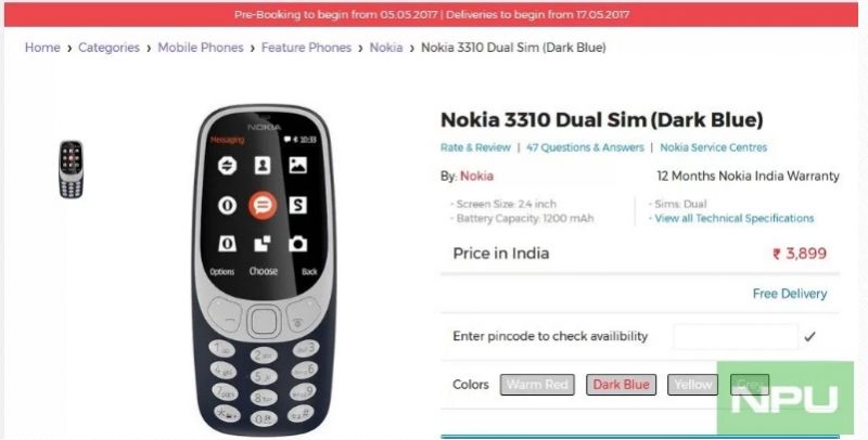 Nokia 3310 förbeställ skärmbild som upptäckts av NPU på OnlyMobile