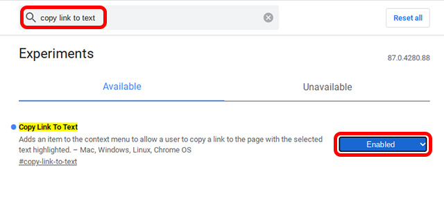 aktivera flaggkopiera länk till text i Chrome OS