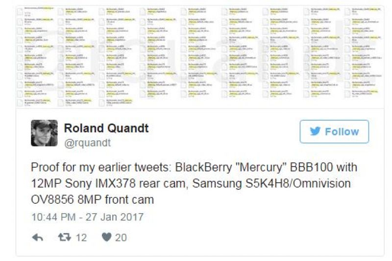 Nhà báo Roland Quandt đã tweet một bức ảnh vào ngày 27 tháng 1 cho thấy rằng thiết bị BlackBerry có tên mã là 'Mercury' có cùng cảm biến với Google Pixel.