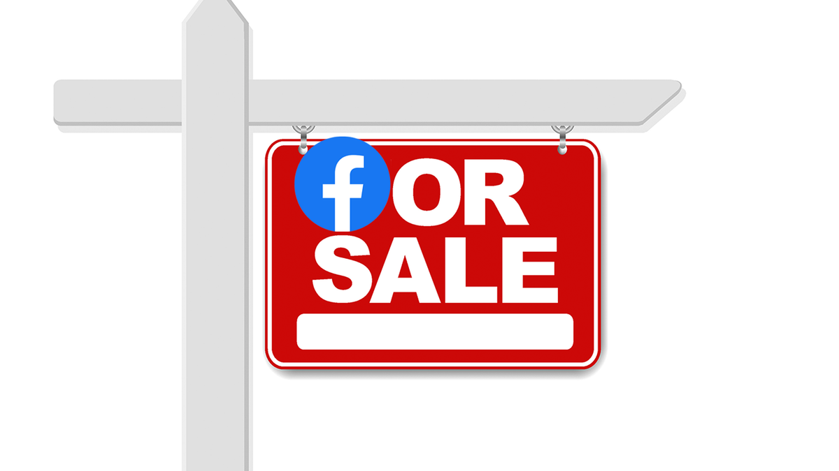 Facebook-logotyp på en Till salu-skylt.