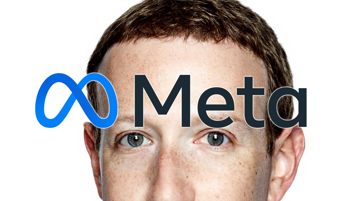 Mark Zuckerbergs huvud med den nya Meta-logotypen.