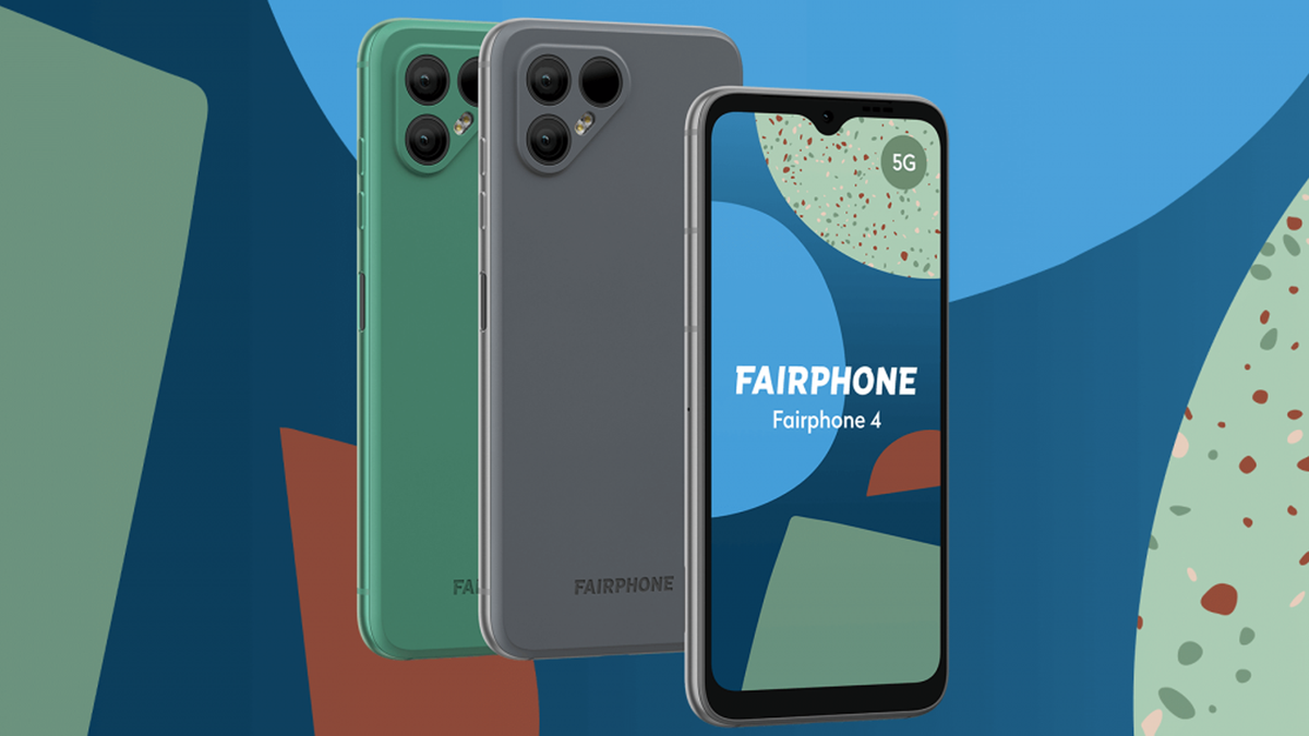 Fairphone 4 trên nền xanh lam và xanh lục.