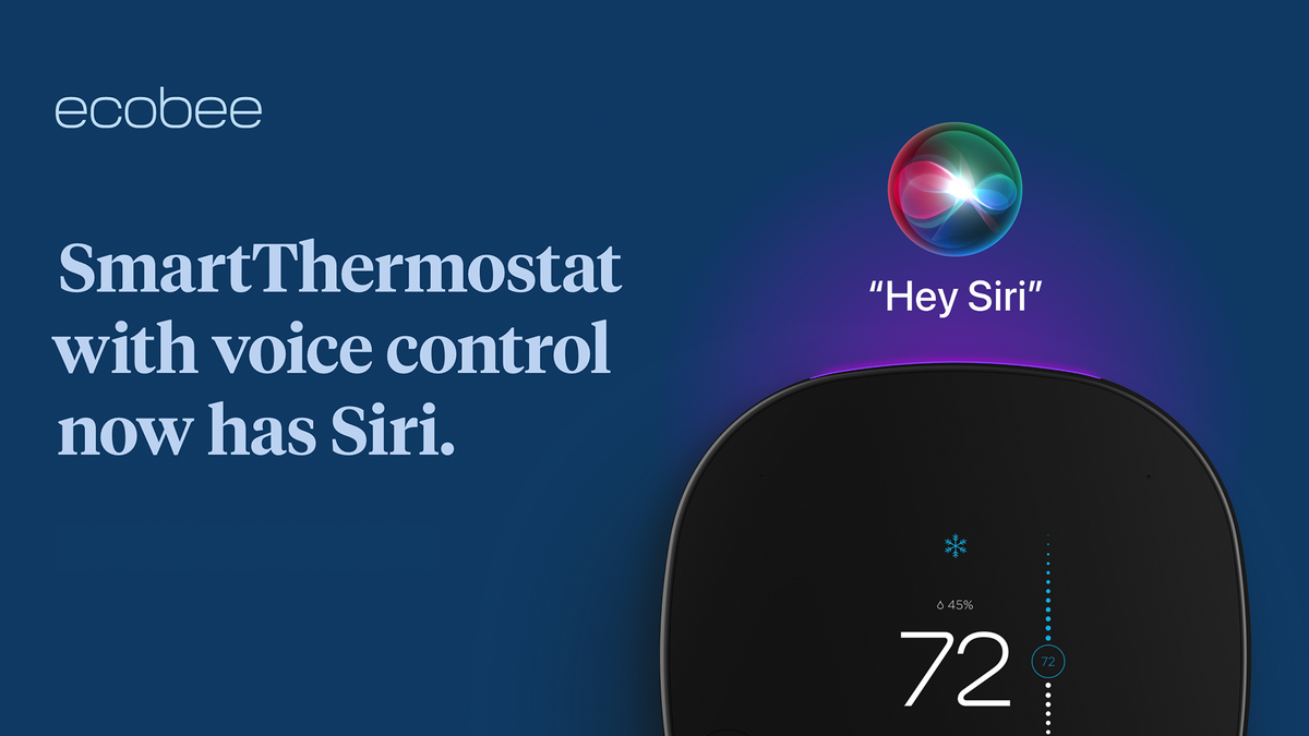 Một biểu ngữ cho biết "Ecobee SmartThermostat với điều khiển bằng giọng nói hiện có Siri."
