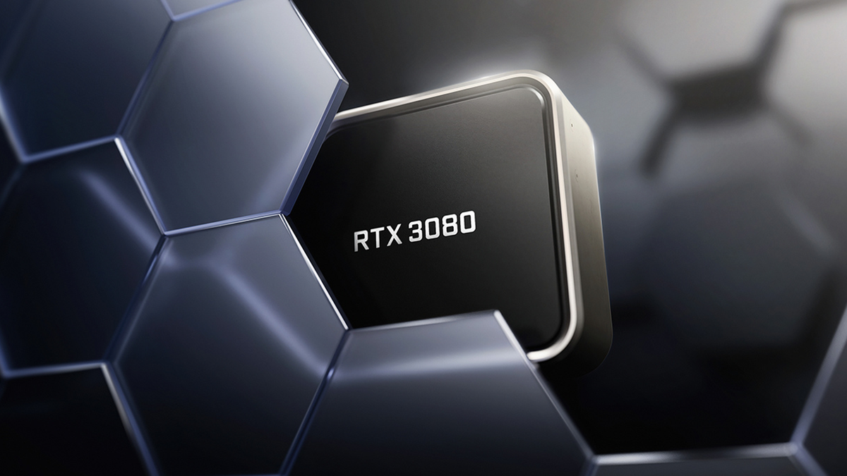 Card đồ họa NVIDIA RTX 3080 nổi trên không gian mạng.