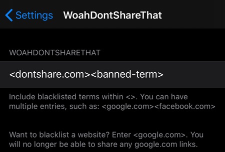 WoahDontShareThat Tweak hindrar dig från att dela vissa webbplatser