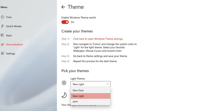 välj skapat tema medan du växlar till schemalagt mörkt tema i Windows 11