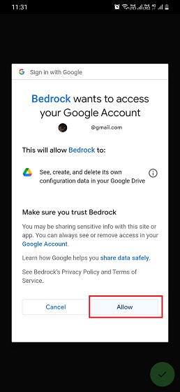 Cho phép Bedrock truy cập Google Drive