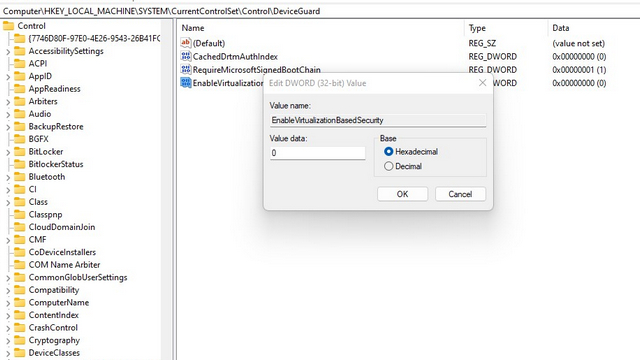 atur EnableVirtualizationBasedSecurity ke 0 untuk Nonaktifkan VBS di Windows 11