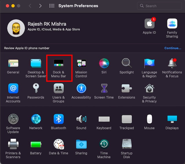 Pilih preferensi Dock dan Menu Bar di System Preferences di Mac 