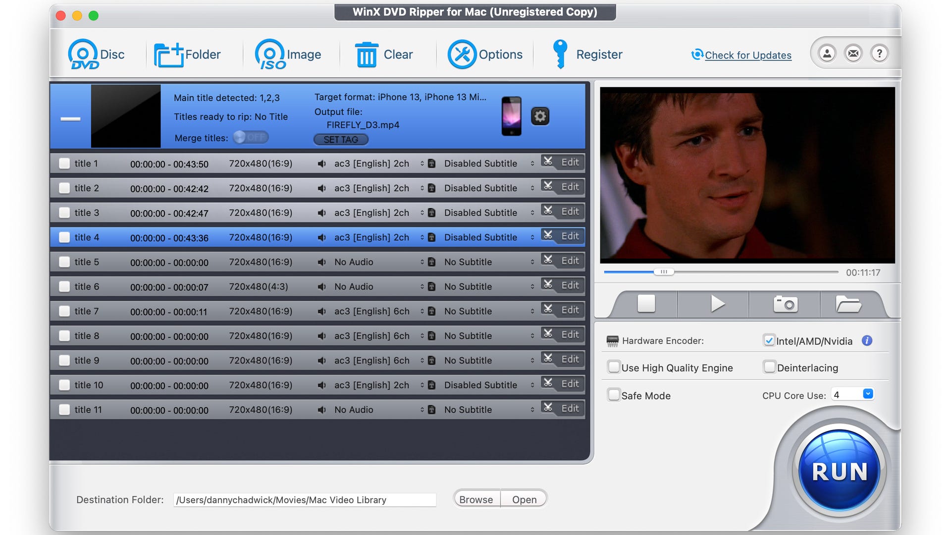 WinX DVD Ripper'ın arayüzü, başlık seçim ekranını görüntüler.