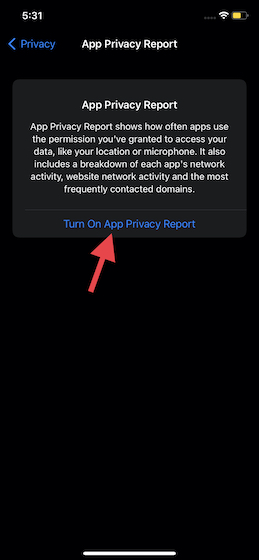 Bật Báo cáo quyền riêng tư của ứng dụng trong iOS 15