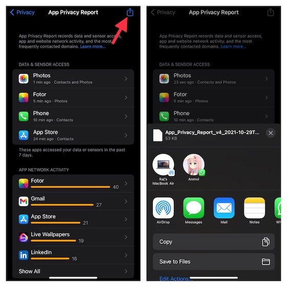 Dela appens sekretessrapporter i iOS 15 på iPhone och iPad 