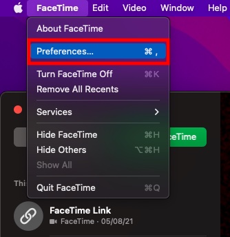 Pilih Opsi di menu FaceTime di macOS 