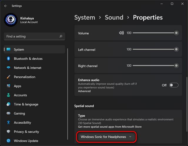Suara Spasial aktif dan Audio Lanjutan aktif Windows 11