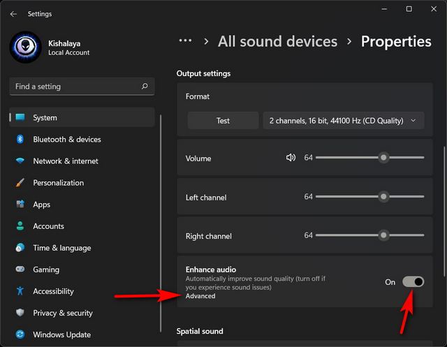 Suara Spasial aktif dan Audio Lanjutan aktif Windows 11