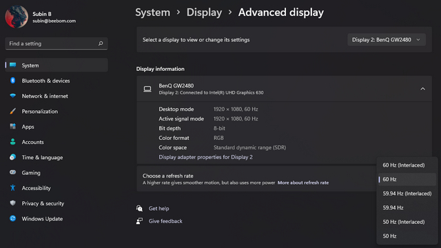 ändra uppdateringsfrekvens win11 - Åtgärda skärmflimmer i Windows 11
