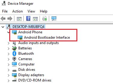 Manajer perangkat menunjukkan antarmuka bootloader android