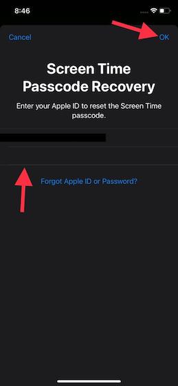 Memasuki Apple ID dan kata sandi