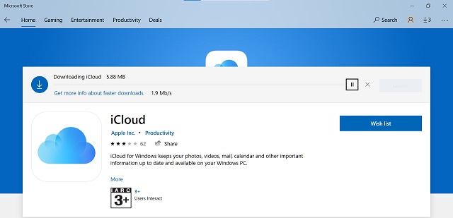 iCloud produktsida i Microsoft Store