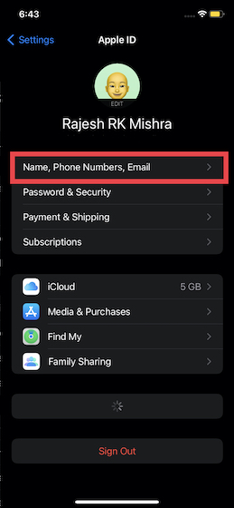 chọn tùy chọn "Tên, Số điện thoại và Email" trong cài đặt iOS