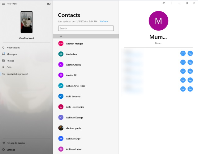 windows 10 - aplikasi ponsel Anda - daftar kontak