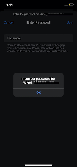 Lỗi mật khẩu WiFi trên iOS 