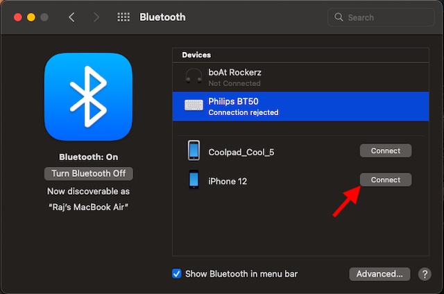 pasangkan Mac Anda dengan iPhone menggunakan Bluetooth 