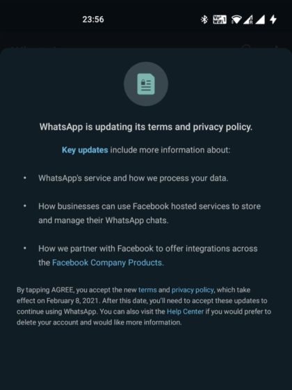 whatsapp cửa sổ bật lên chính sách bảo mật mới - 2