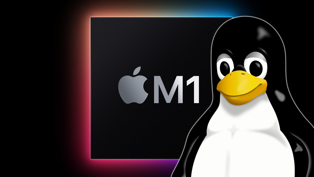 Maskot Tux Linux dengan chip M1.