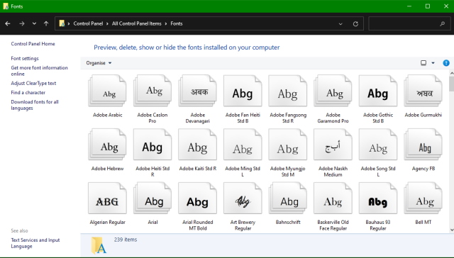 Alla teckensnitt installerade på Windows 11 och Windows 10