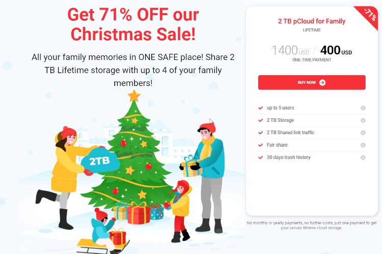 Penjualan Hari Natal pCloud: Dapatkan Paket Seumur Hidup Keluarga Hanya dengan $400 (Diskon 71%)
