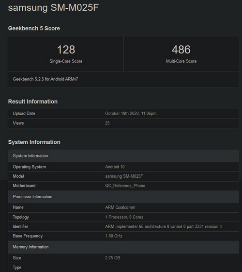 Tingkat masukan Samsung Galaxy M02 Dengan Qualcomm SoC terdaftar di Geekbench