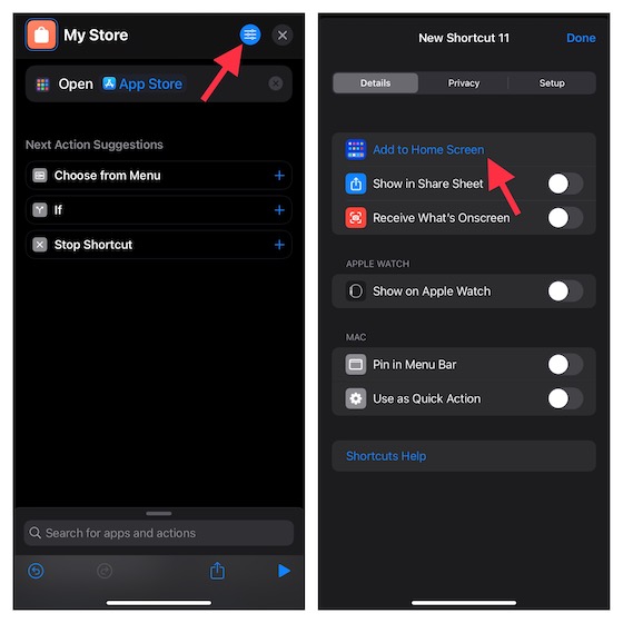 nhấn vào nút menu trong ứng dụng Phím tắt dành cho iOS 