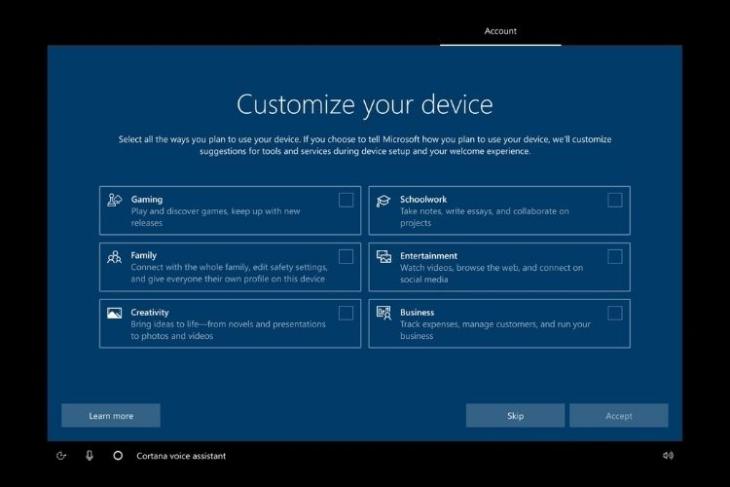 Mới Windows 10 Yêu cầu đối với màn hình thiết lập nếu bạn sử dụng PC để làm việc, trường học hoặc chơi game