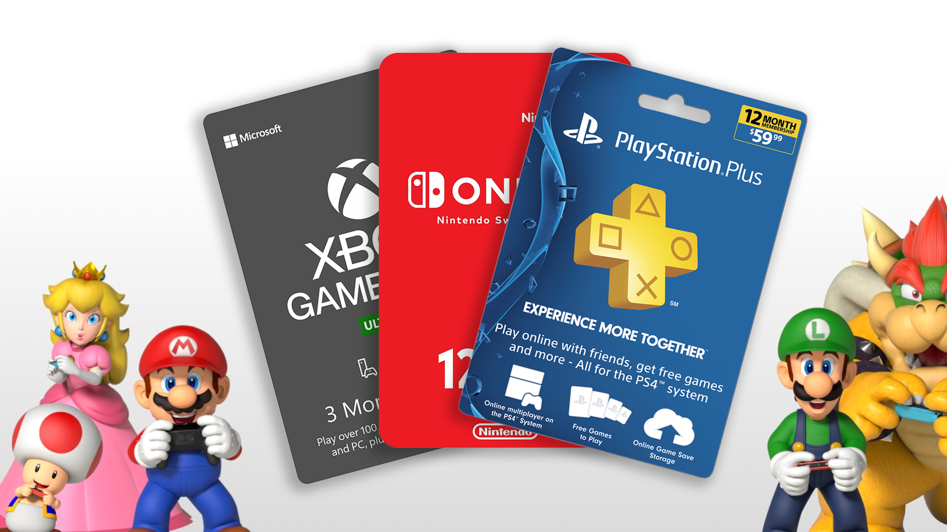 Một bức ảnh của Mario và những người bạn với thẻ quà tặng cho Switch Trực tuyến, PS Plus và Xbox Game Pass.