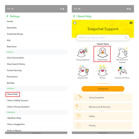 mở hỗ trợ để khôi phục Snapstreak trong Snapchat