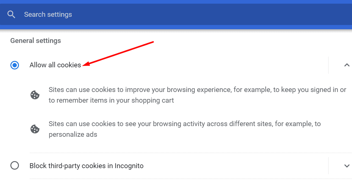 cho phép tất cả cookie từ google chrome