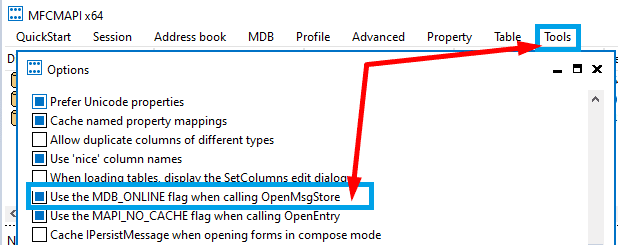Sử dụng MDB_ONLINE khi gọi OpenMsgStore MFCMAPI