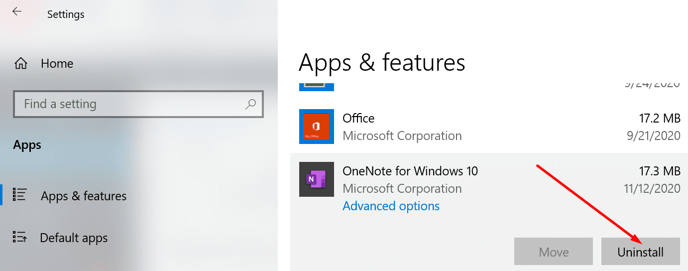 gỡ cài đặt ứng dụng onenote windows 10