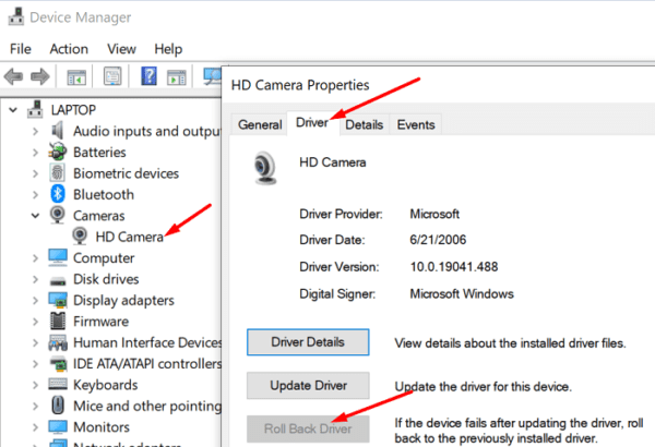 khôi phục trình điều khiển máy ảnh windows 10