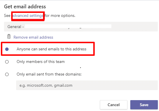 Các đội cho phép bất kỳ ai gửi email đến địa chỉ này.
